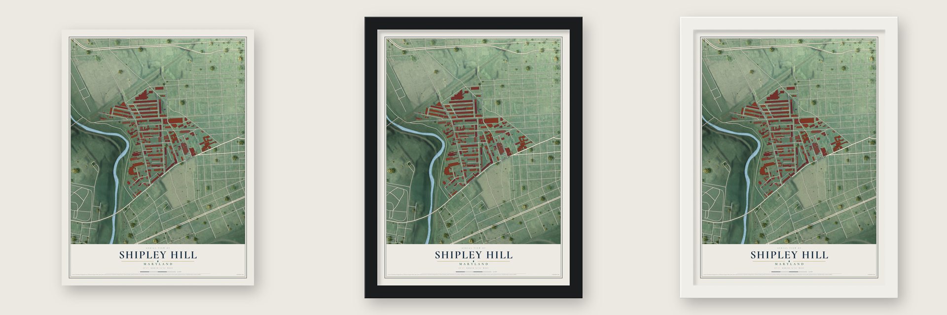 Shipley Hill, Maryland map unframed, in a black wood frame and in a white wood frame