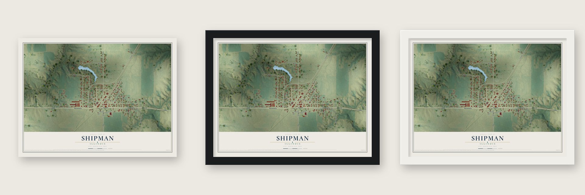 Shipman, Illinois map unframed, in a black wood frame and in a white wood frame