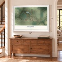 Shipman, Illinois map, 24 x 36 inch print in a white frame above a dresser by a staircase