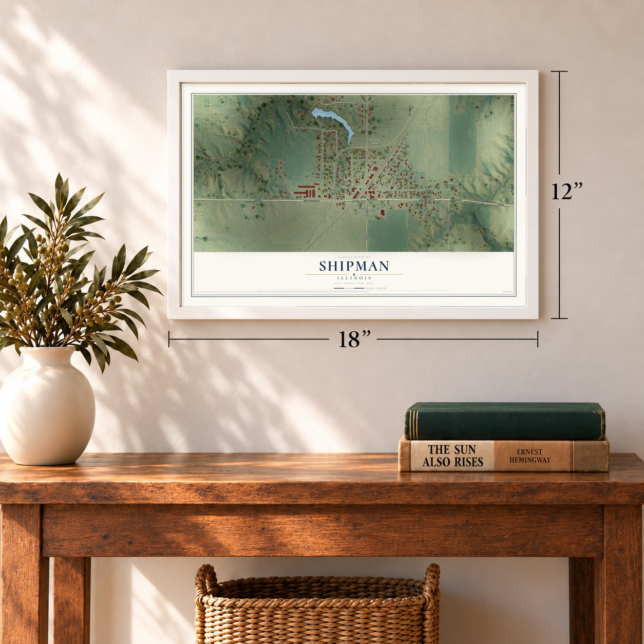 Shipman, Illinois map, 12 x 18 inch print in a white frame in an entryway