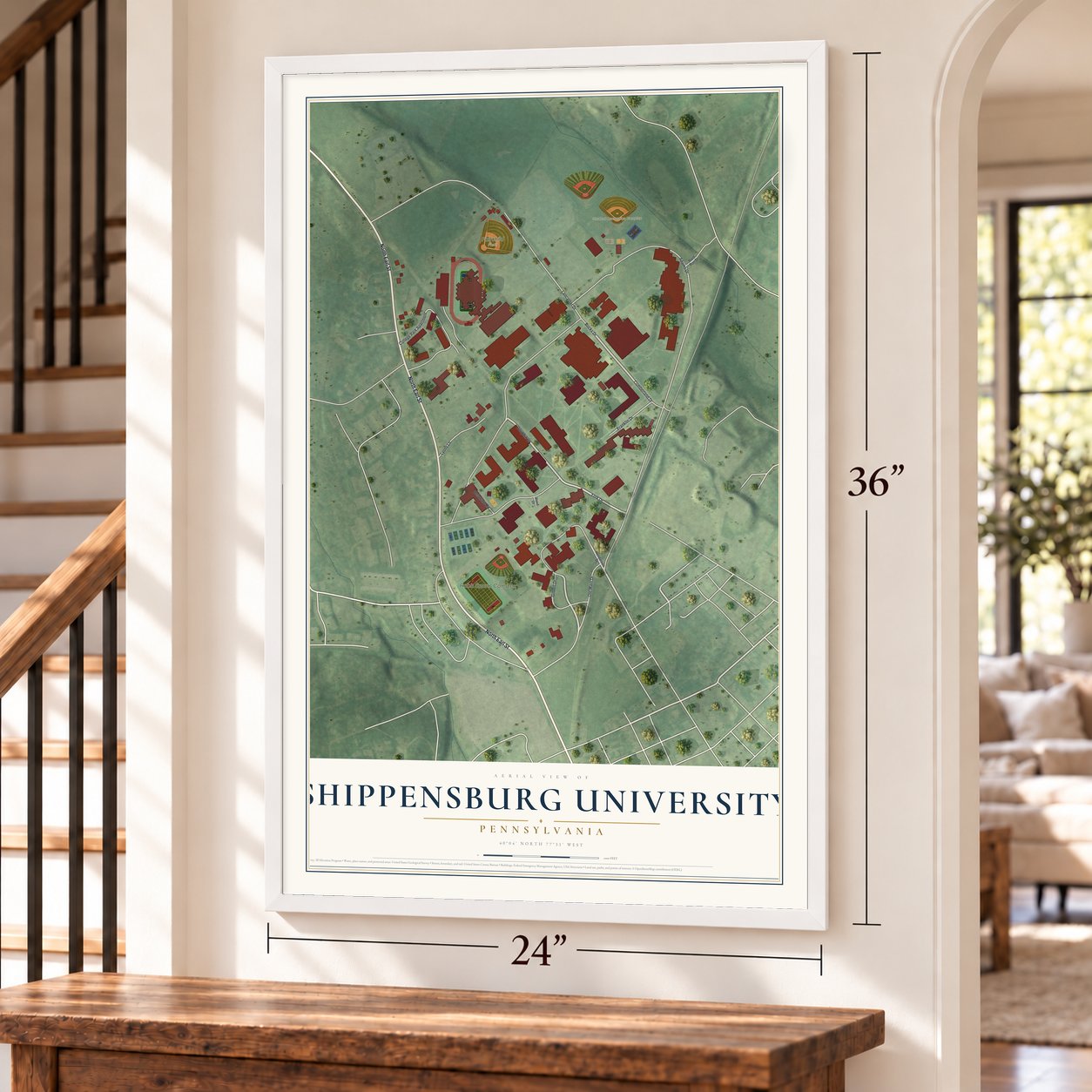 Shippensburg University, Pennsylvania map, 24 x 36 inch print in a white frame by a staircase