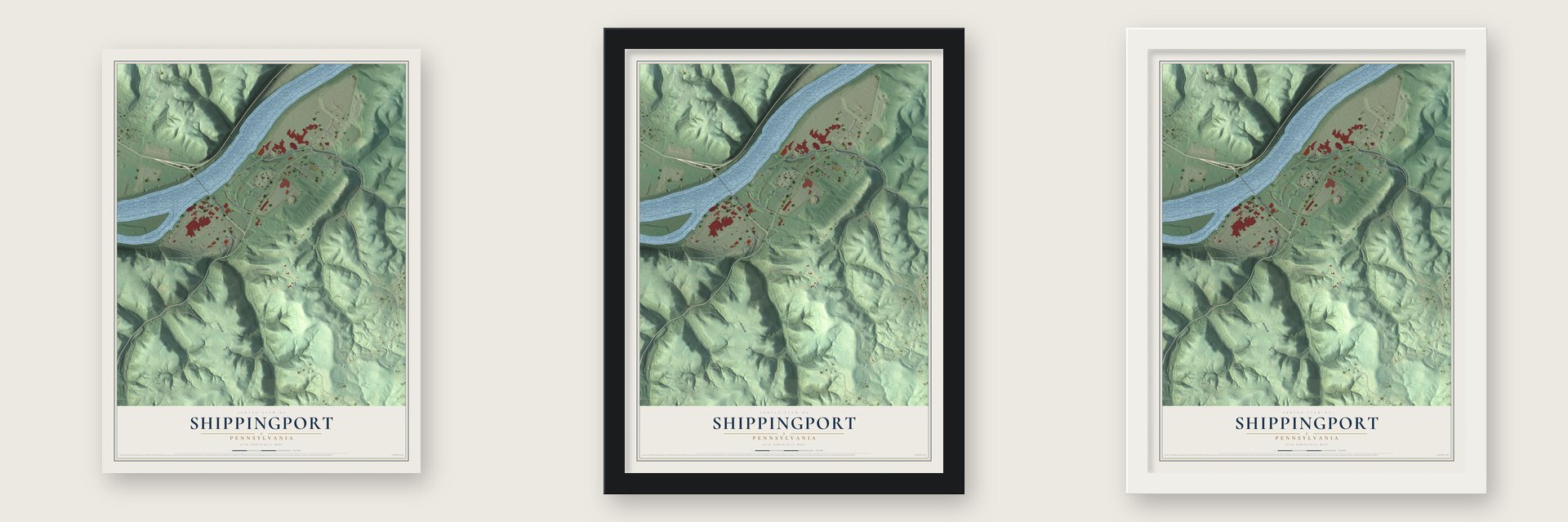 Shippingport, Pennsylvania map unframed, in a black wood frame and in a white wood frame