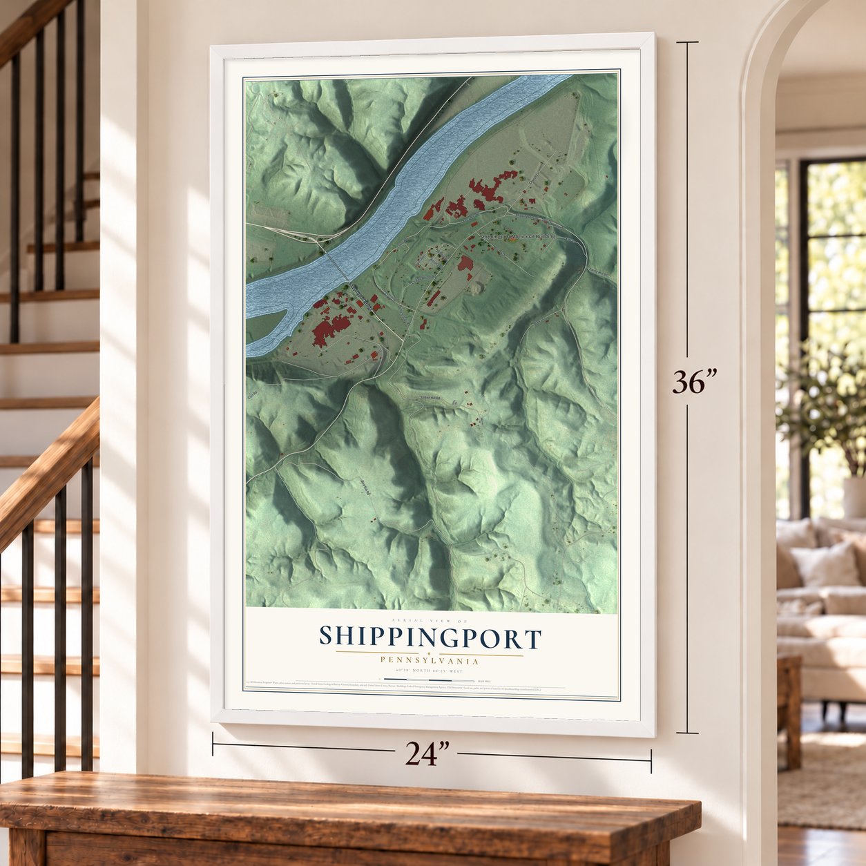 Shippingport, Pennsylvania map, 24 x 36 inch print in a white frame by a staircase