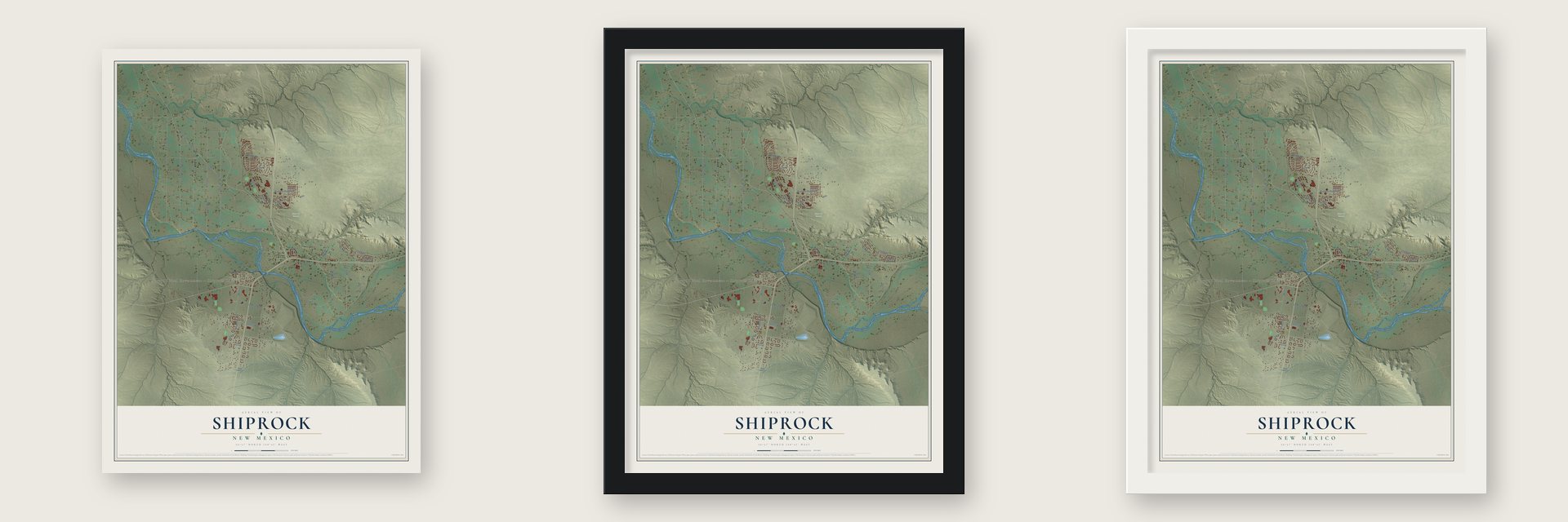 Shiprock, New Mexico map unframed, in a black wood frame and in a white wood frame