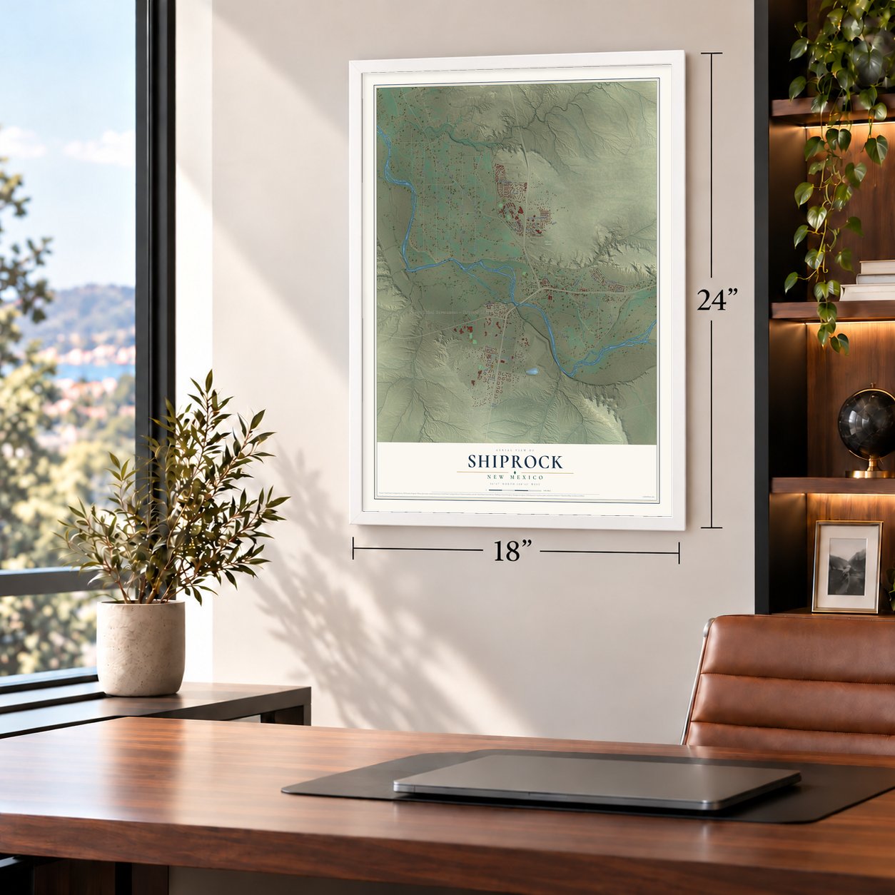 Shiprock, New Mexico map, 18 x 24 inch print in a white frame in a home office