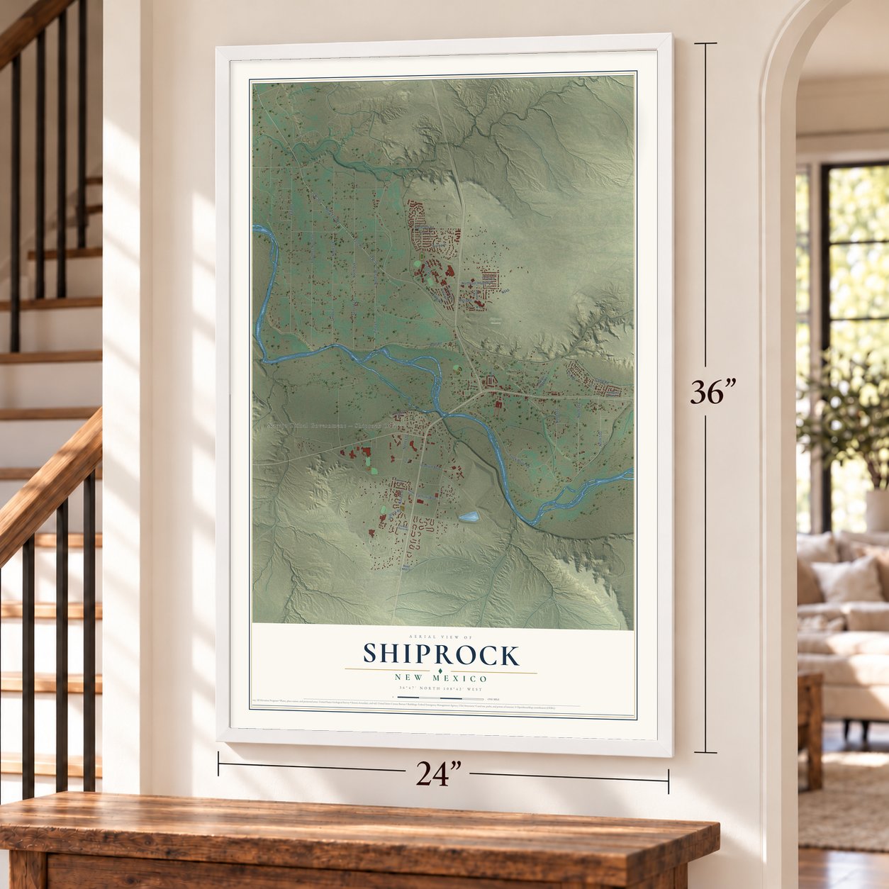 Shiprock, New Mexico map, 24 x 36 inch print in a white frame by a staircase