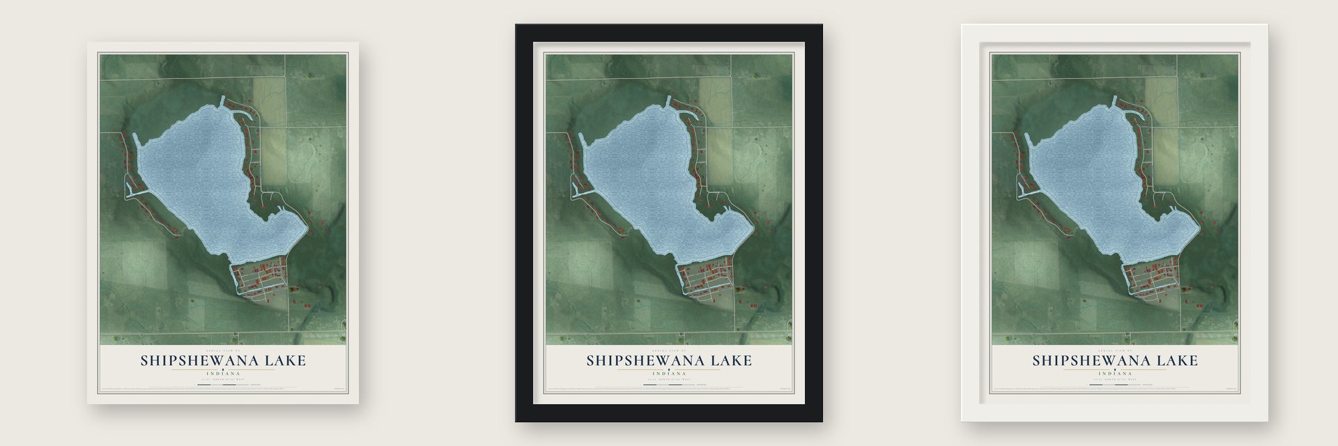 Shipshewana Lake, Indiana map unframed, in a black wood frame and in a white wood frame