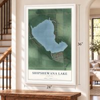 Shipshewana Lake, Indiana map, 24 x 36 inch print in a white frame by a staircase