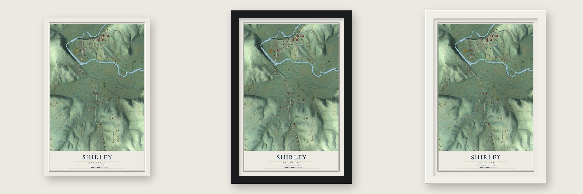 Shirley, Arkansas map unframed, in a black wood frame and in a white wood frame
