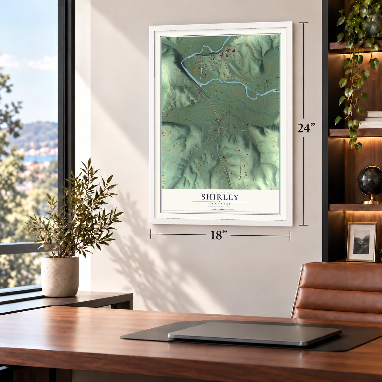 Shirley, Arkansas map, 18 x 24 inch print in a white frame in a home office