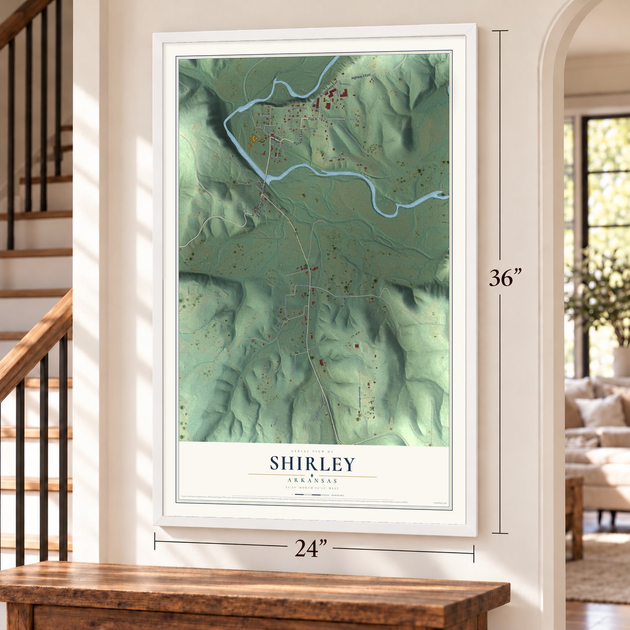 Shirley, Arkansas map, 24 x 36 inch print in a white frame by a staircase