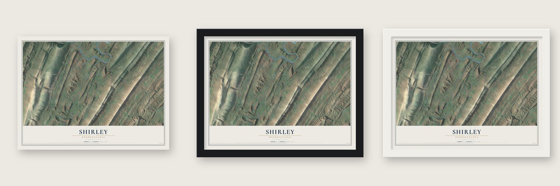 Shirley, Pennsylvania map unframed, in a black wood frame and in a white wood frame
