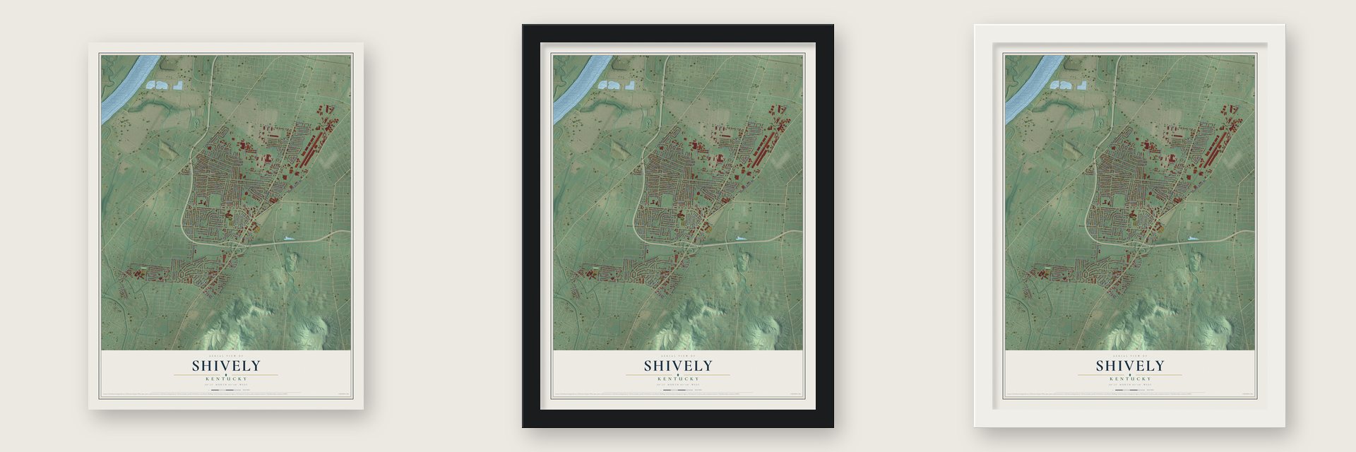Shively, Kentucky map unframed, in a black wood frame and in a white wood frame