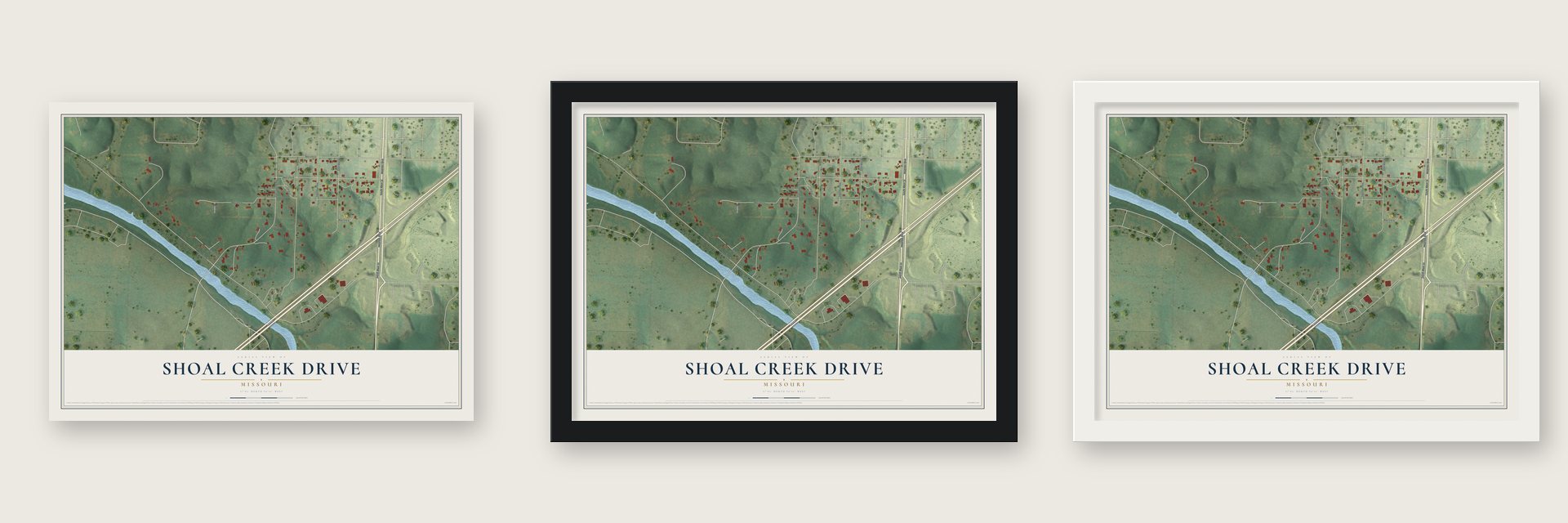 Shoal Creek Drive, Missouri map unframed, in a black wood frame and in a white wood frame