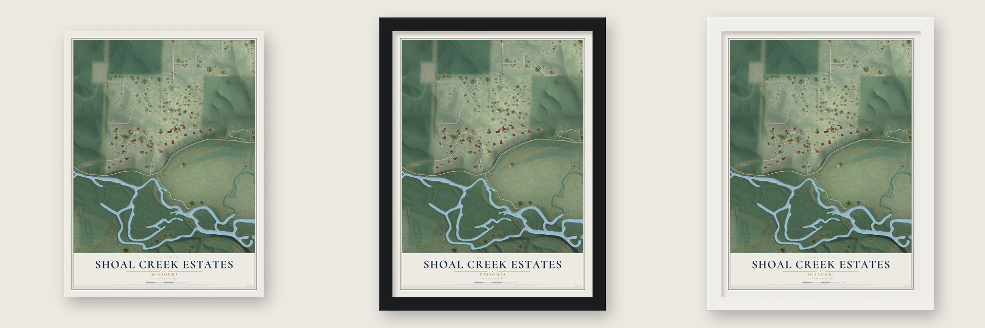 Shoal Creek Estates, Missouri map unframed, in a black wood frame and in a white wood frame