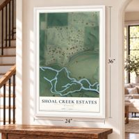 Shoal Creek Estates, Missouri map, 24 x 36 inch print in a white frame by a staircase