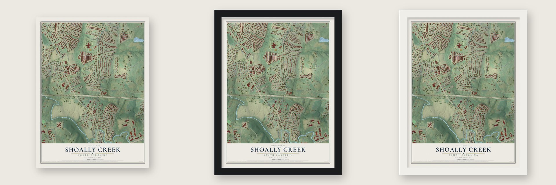 Shoally Creek, South Carolina map unframed, in a black wood frame and in a white wood frame