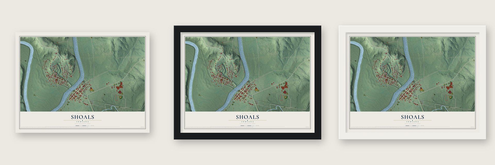 Shoals, Indiana map unframed, in a black wood frame and in a white wood frame