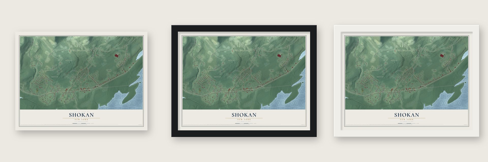 Shokan, New York map unframed, in a black wood frame and in a white wood frame