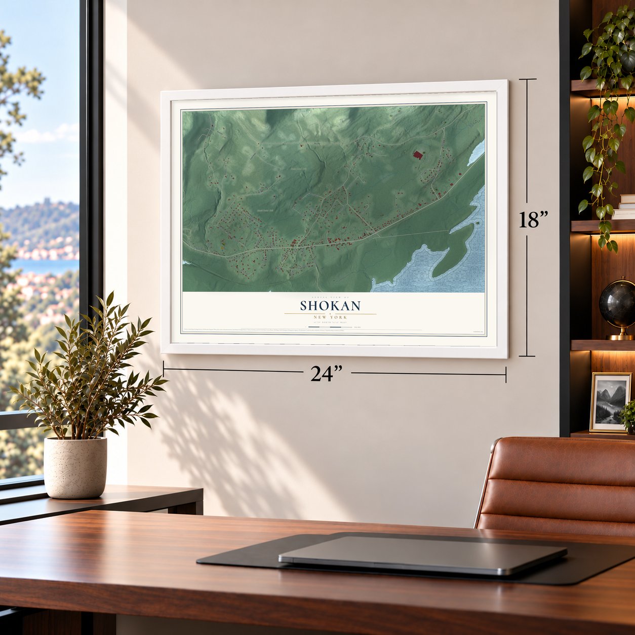 Shokan, New York map, 18 x 24 inch print in a white frame in a home office