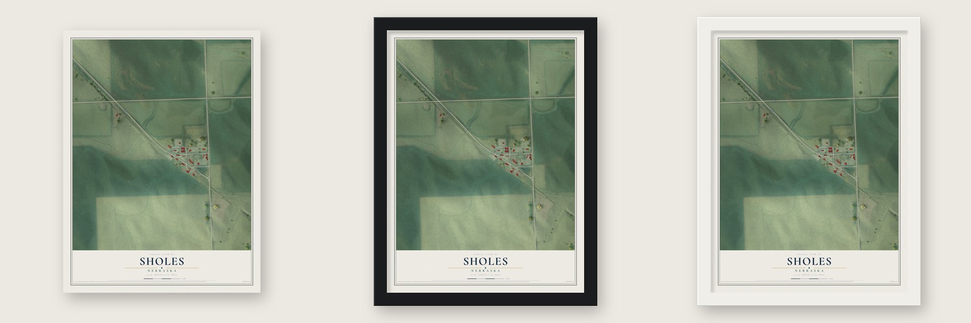 Sholes, Nebraska map unframed, in a black wood frame and in a white wood frame