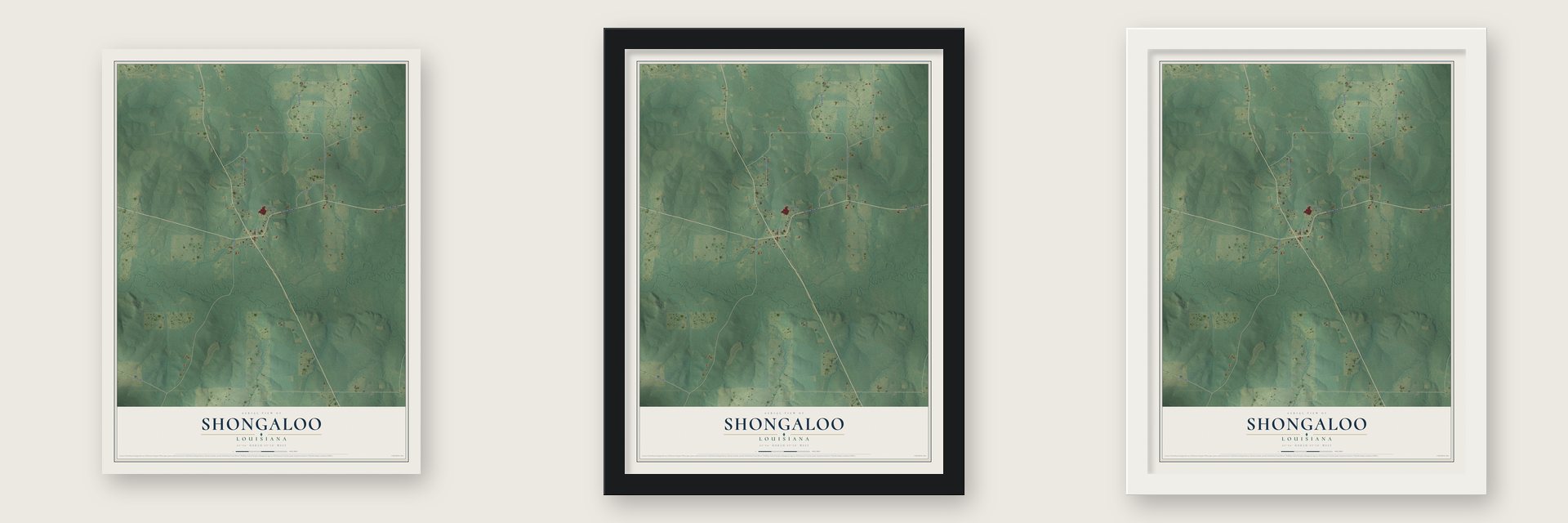 Shongaloo, Louisiana map unframed, in a black wood frame and in a white wood frame
