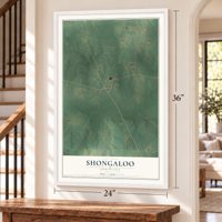 Shongaloo, Louisiana map, 24 x 36 inch print in a white frame by a staircase