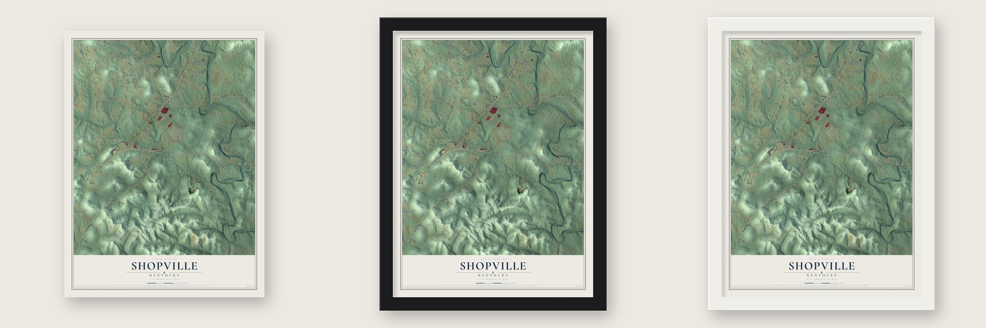 Shopville, Kentucky map unframed, in a black wood frame and in a white wood frame