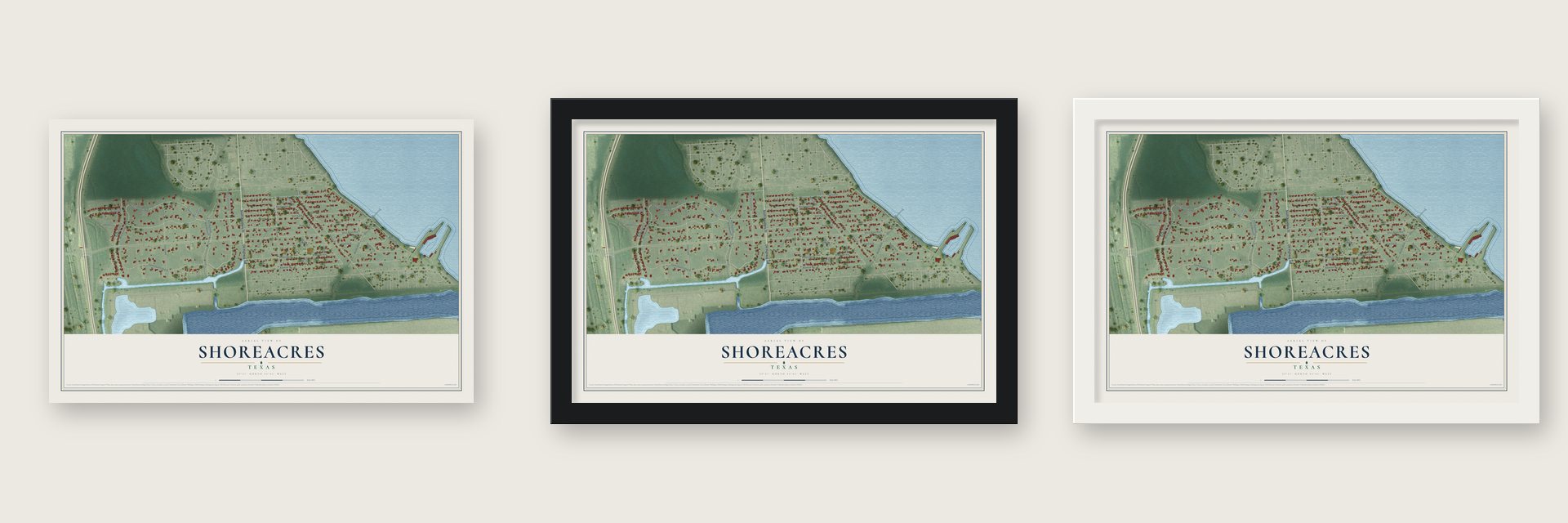 Shoreacres, Texas map unframed, in a black wood frame and in a white wood frame