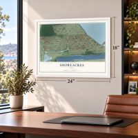 Shoreacres, Texas map, 18 x 24 inch print in a white frame in a home office