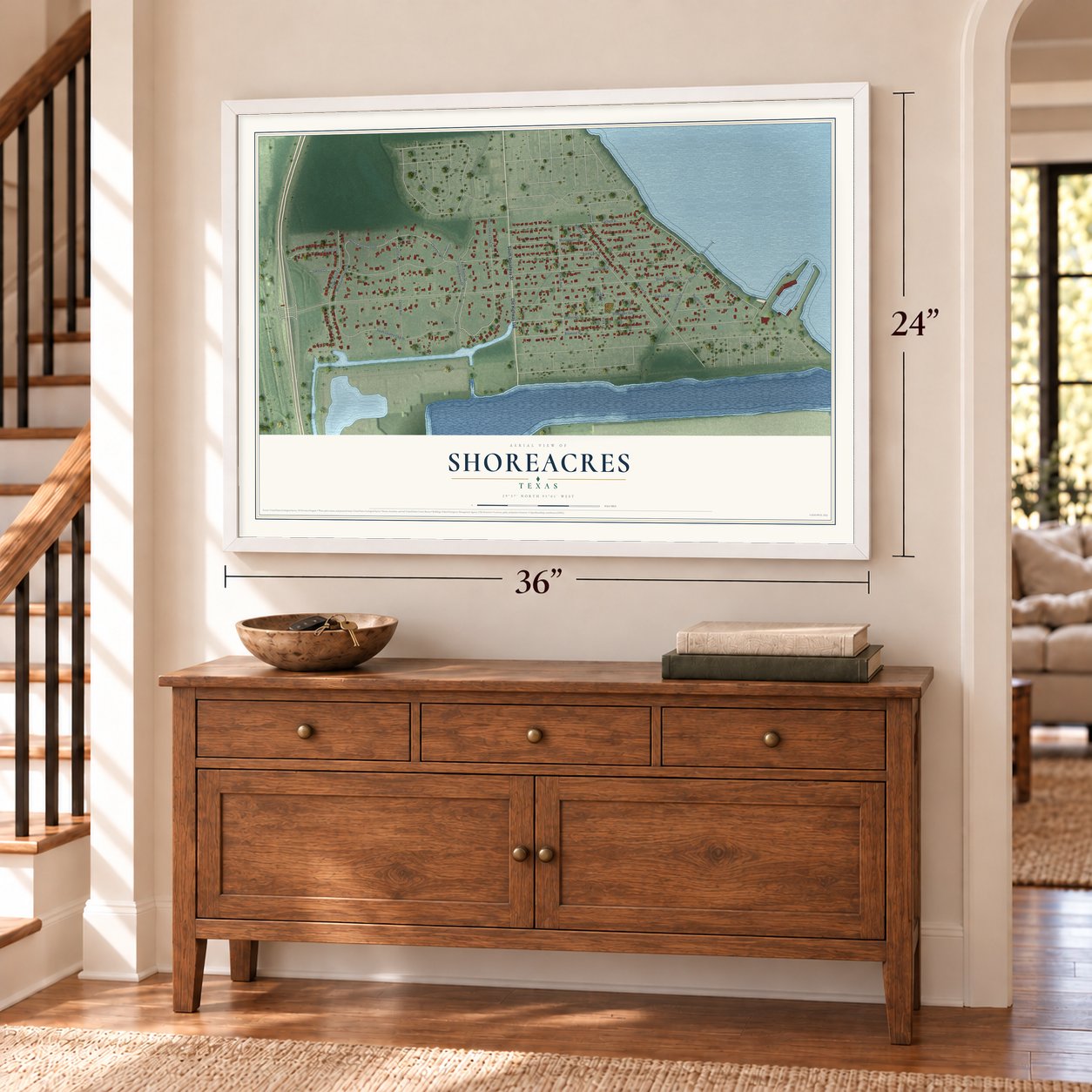 Shoreacres, Texas map, 24 x 36 inch print in a white frame above a dresser by a staircase