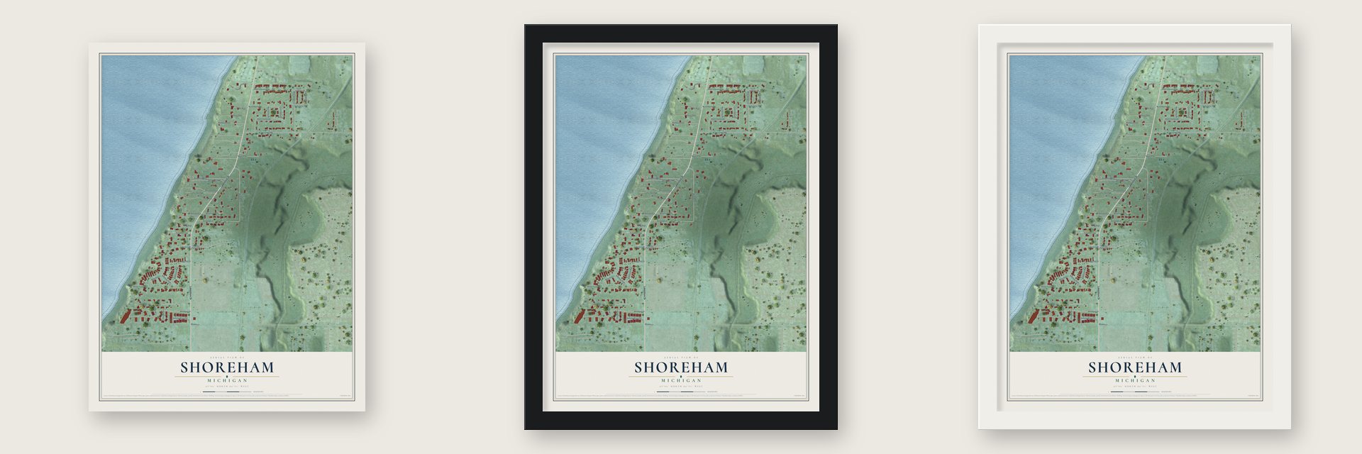 Shoreham, Michigan map unframed, in a black wood frame and in a white wood frame