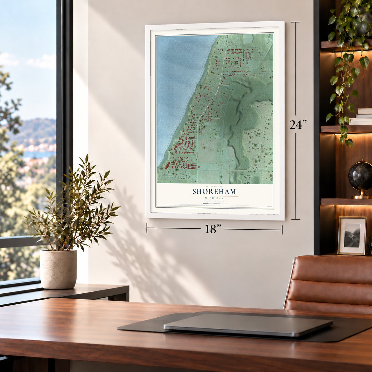 Shoreham, Michigan map, 18 x 24 inch print in a white frame in a home office