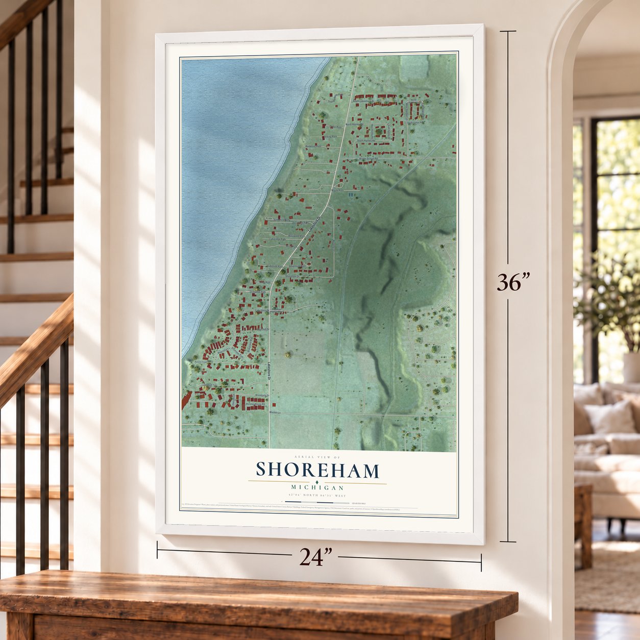 Shoreham, Michigan map, 24 x 36 inch print in a white frame by a staircase