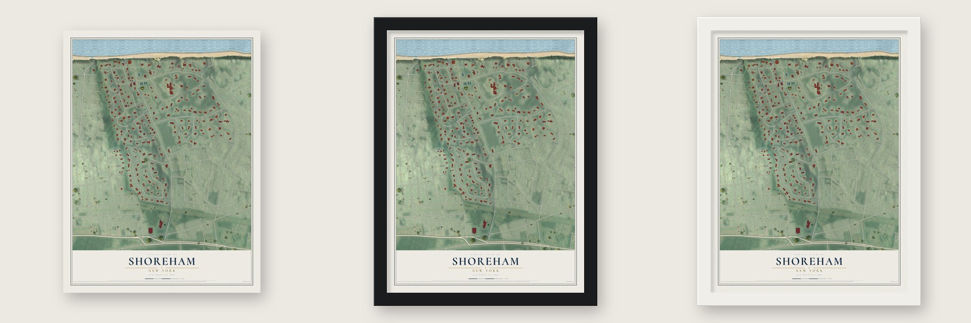 Shoreham, New York map unframed, in a black wood frame and in a white wood frame