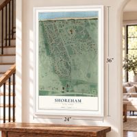 Shoreham, New York map, 24 x 36 inch print in a white frame by a staircase