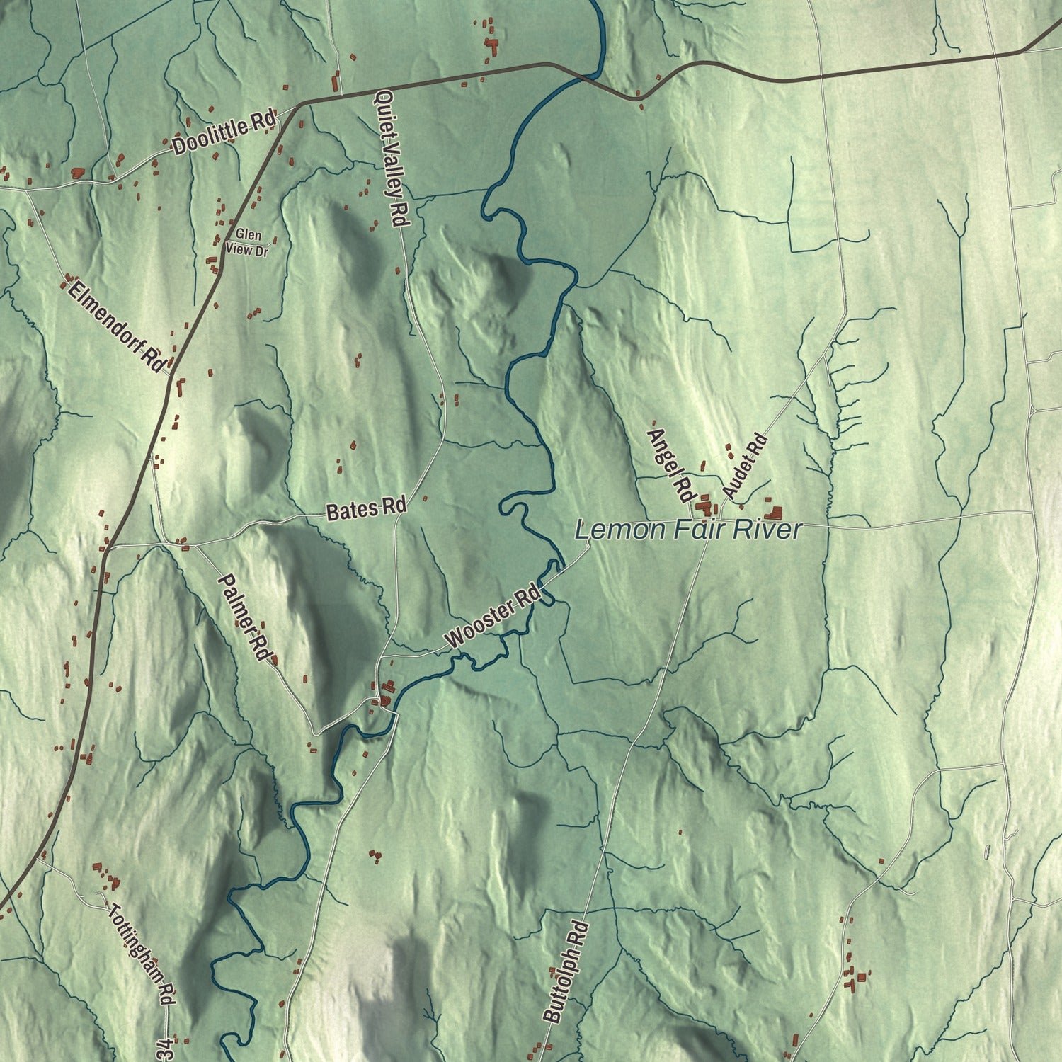 Close-up of the map of Shoreham, Vermont print showing terrain and local geography