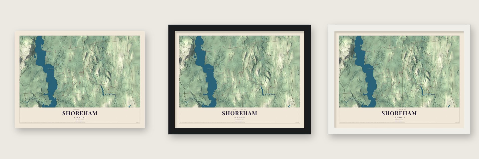 Shoreham, Vermont map unframed, in a black wood frame and in a white wood frame
