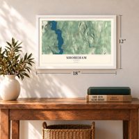 Shoreham, Vermont map, 12 x 18 inch print in a white frame in an entryway