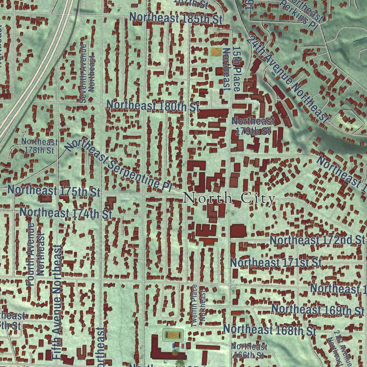 Second close-up of the map of Shoreline, Washington print showing more streets and buildings