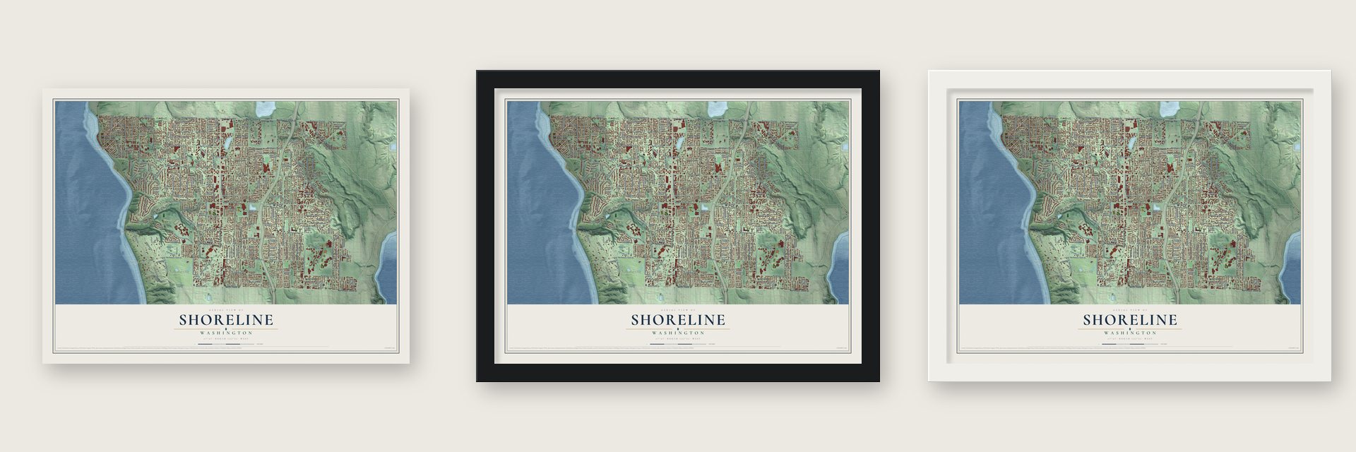Shoreline, Washington map unframed, in a black wood frame and in a white wood frame