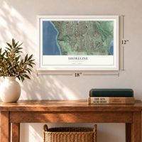 Shoreline, Washington map, 12 x 18 inch print in a white frame in an entryway