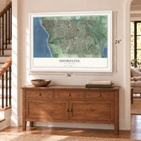 Shoreline, Washington map, 24 x 36 inch print in a white frame above a dresser by a staircase