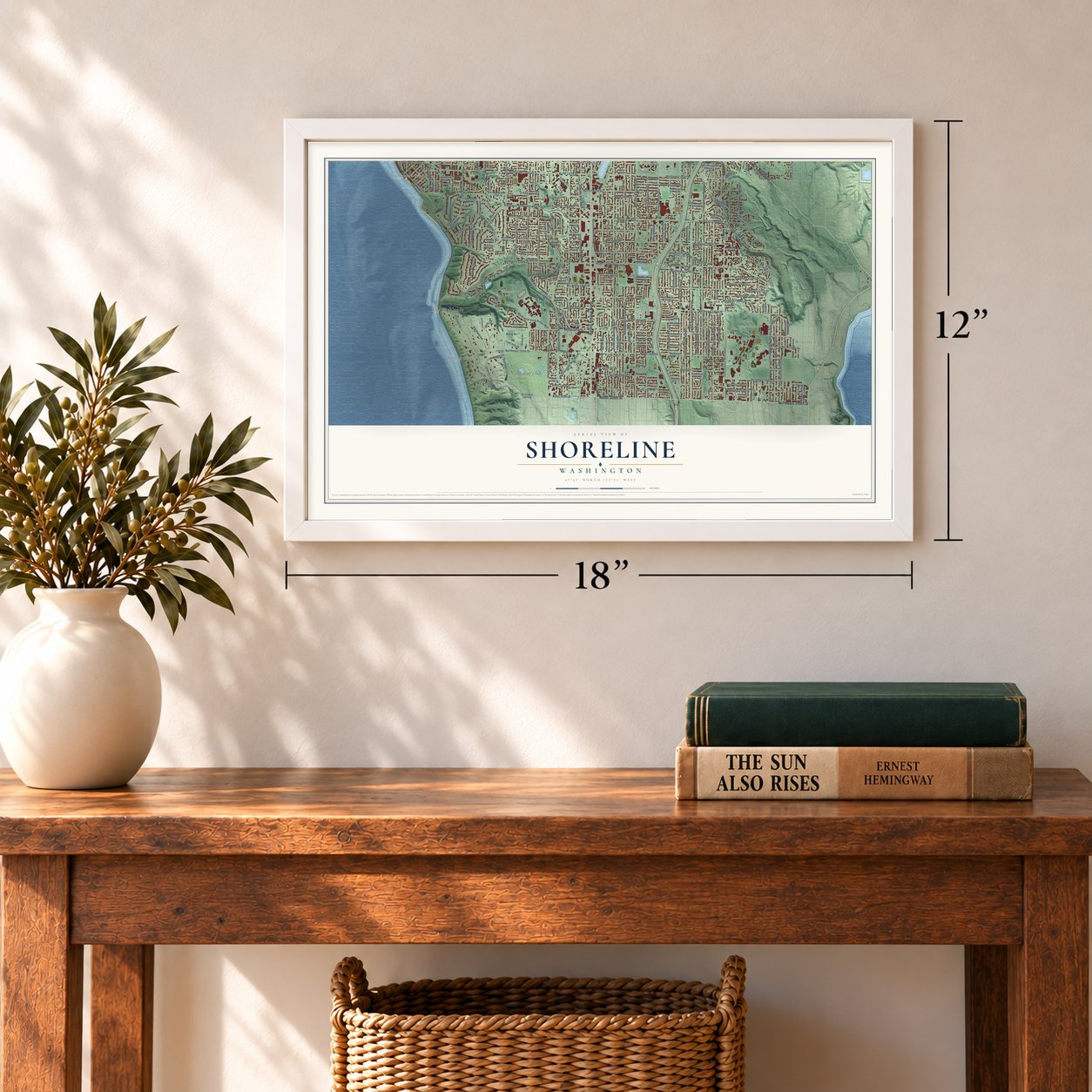 Shoreline, Washington map, 12 x 18 inch print in a white frame in an entryway