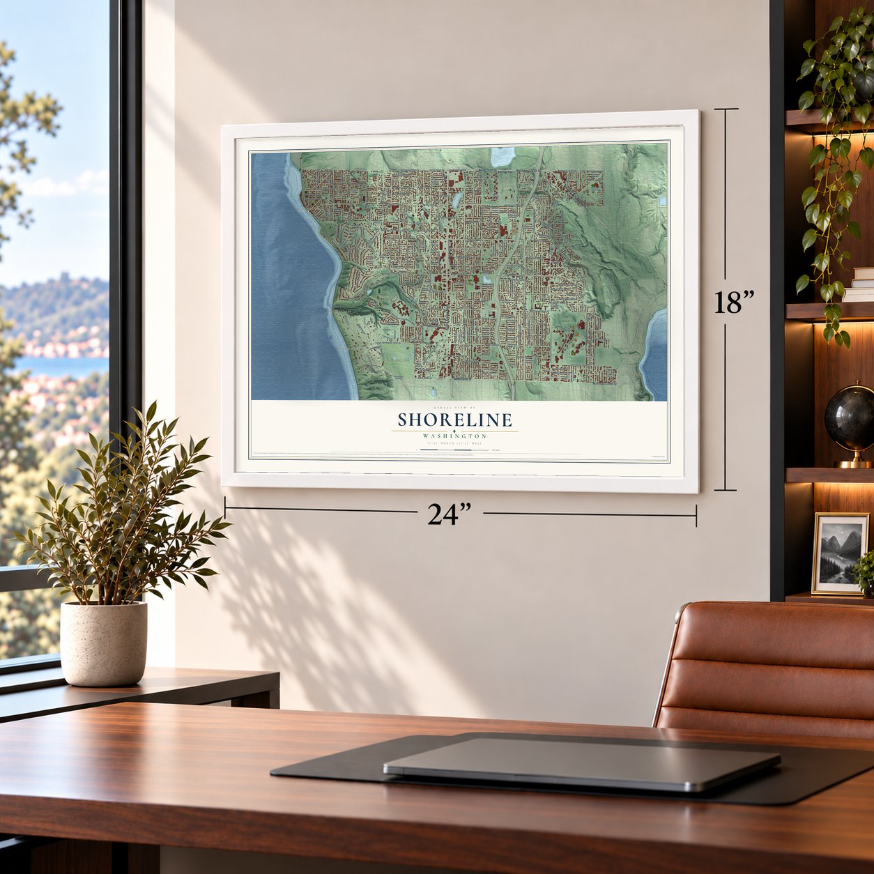 Shoreline, Washington map, 18 x 24 inch print in a white frame in a home office