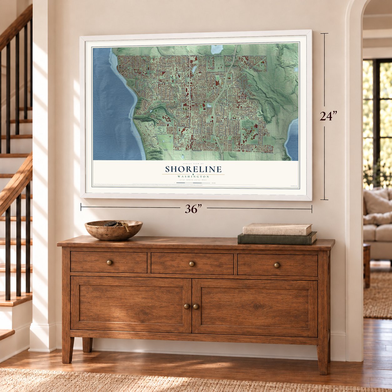 Shoreline, Washington map, 24 x 36 inch print in a white frame above a dresser by a staircase