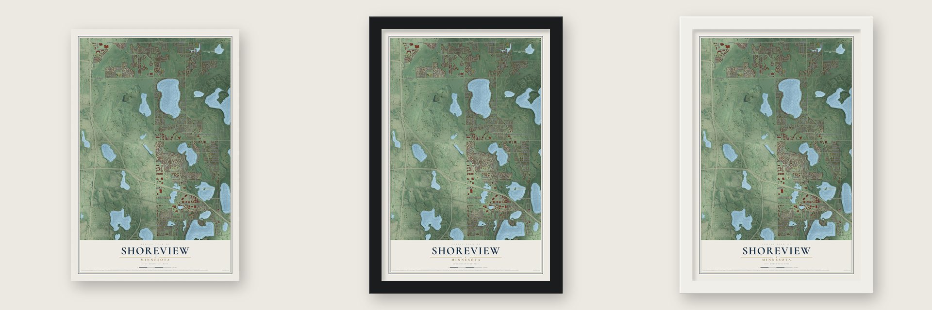 Shoreview, Minnesota map unframed, in a black wood frame and in a white wood frame