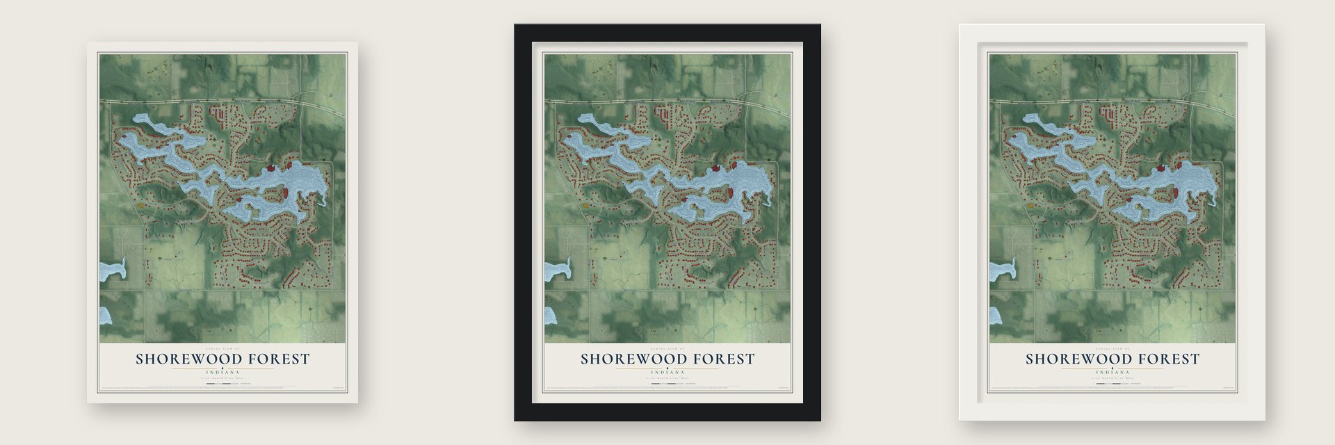 Shorewood Forest, Indiana map unframed, in a black wood frame and in a white wood frame