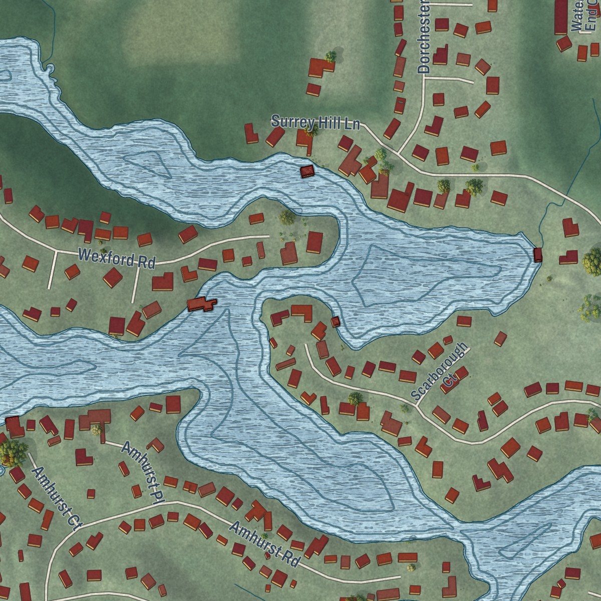 Second close-up of the map of Shorewood Forest, Indiana print showing more streets and buildings
