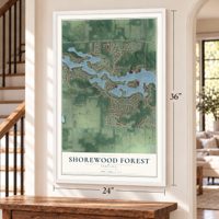 Shorewood Forest, Indiana map, 24 x 36 inch print in a white frame by a staircase